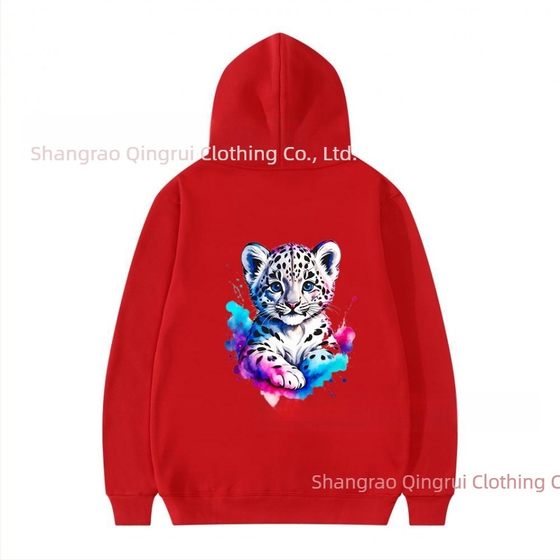 Poliészter kapucnis pulóver fleece béléssel, leopard mintás, lazább szabás, hosszú ujjú