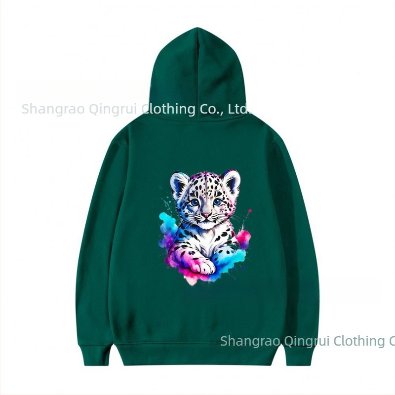 Poliészter kapucnis pulóver fleece béléssel, leopard mintás, lazább szabás, hosszú ujjú