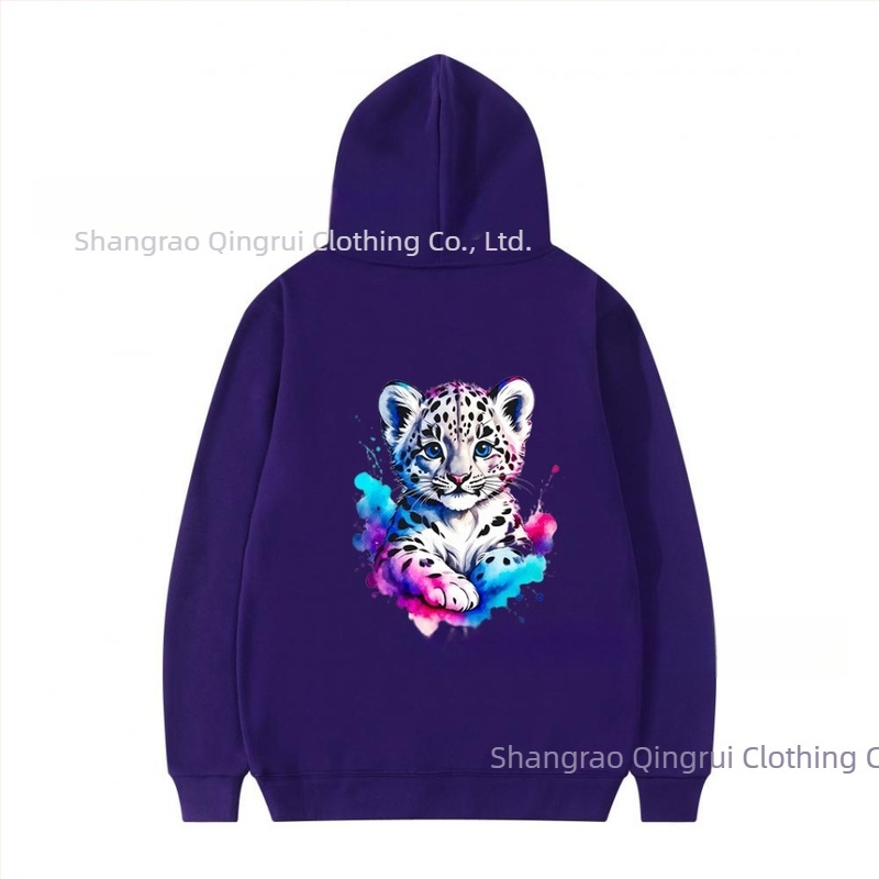 Poliészter kapucnis pulóver fleece béléssel, leopard mintás, lazább szabás, hosszú ujjú