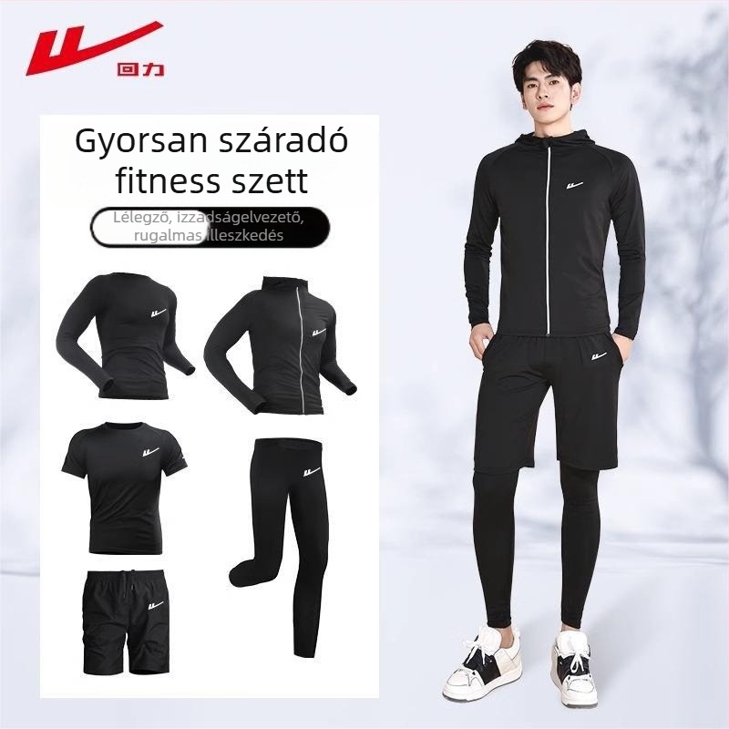 Férfi futóedzésruha – két részes szett, lélegző, nedvességelvezető, gyorsan száradó, kerek nyakú, rövid ujjú, poliészter-elasztán