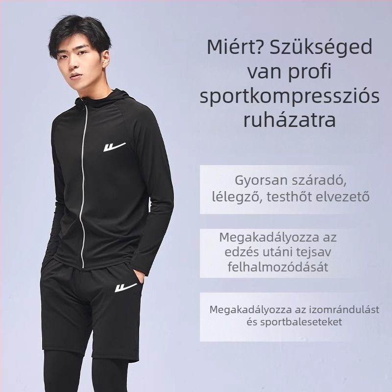 Férfi futóedzésruha – két részes szett, lélegző, nedvességelvezető, gyorsan száradó, kerek nyakú, rövid ujjú, poliészter-elasztán