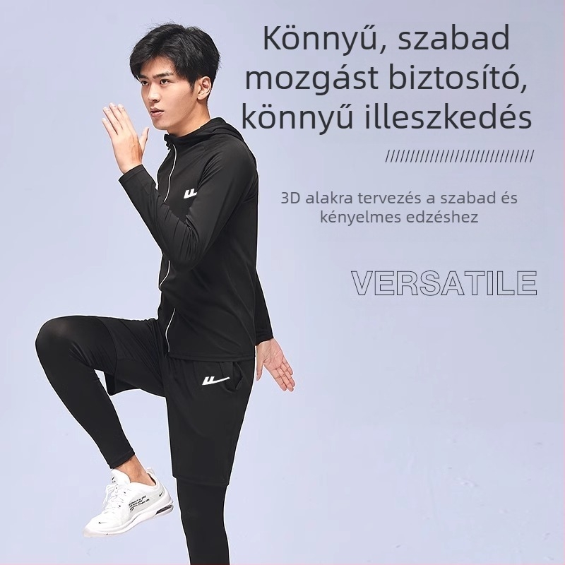 Férfi futóedzésruha – két részes szett, lélegző, nedvességelvezető, gyorsan száradó, kerek nyakú, rövid ujjú, poliészter-elasztán