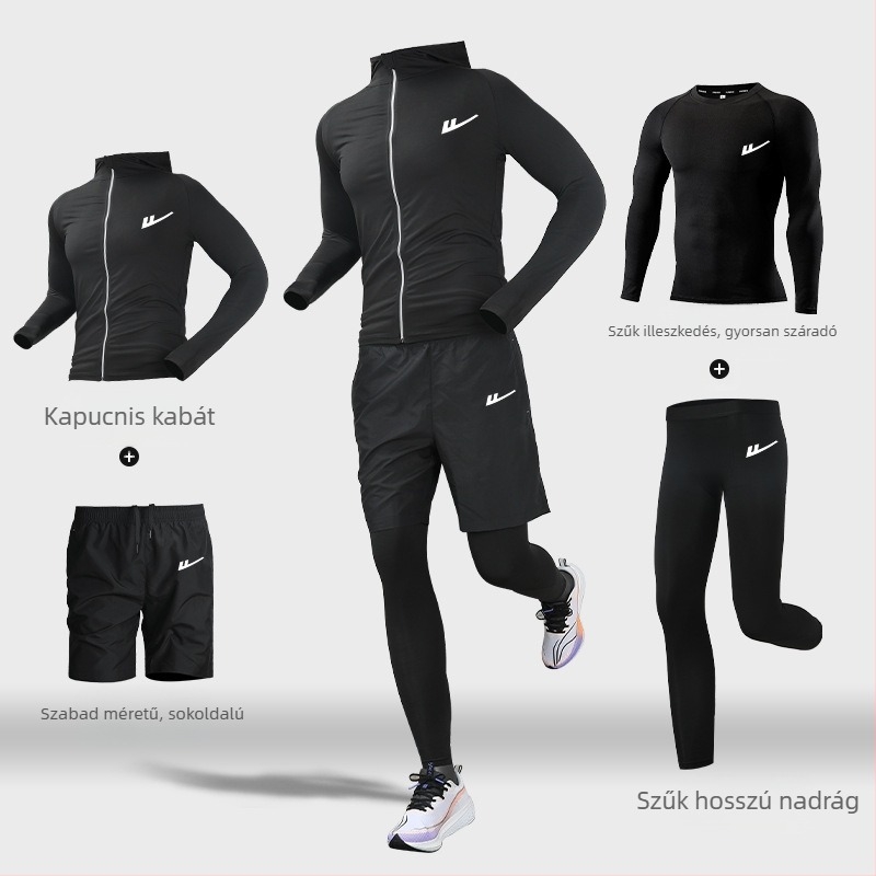 Férfi futóedzésruha – két részes szett, lélegző, nedvességelvezető, gyorsan száradó, kerek nyakú, rövid ujjú, poliészter-elasztán