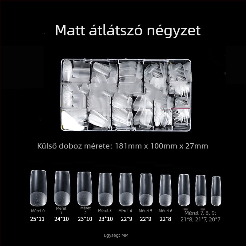Áttetsző műkörmök ragasztással, csiszolás nélkül, nyomok nélkül; 500 darabos doboz; formák: trapéz, vízcsepp és négyzet; tartalmaz körömdísz matricákat.