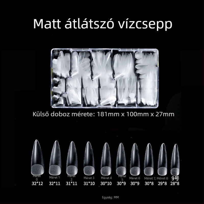 Áttetsző műkörmök ragasztással, csiszolás nélkül, nyomok nélkül; 500 darabos doboz; formák: trapéz, vízcsepp és négyzet; tartalmaz körömdísz matricákat.