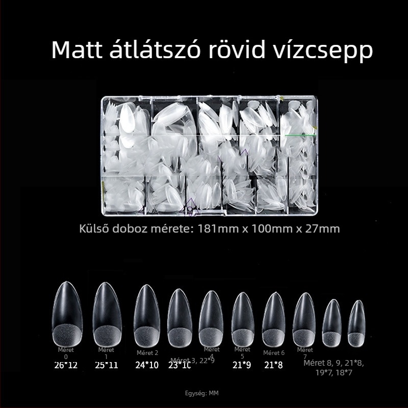Áttetsző műkörmök ragasztással, csiszolás nélkül, nyomok nélkül; 500 darabos doboz; formák: trapéz, vízcsepp és négyzet; tartalmaz körömdísz matricákat.