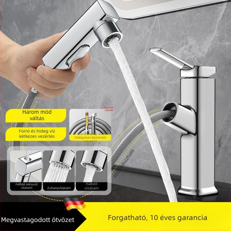 Kihúzható mosdócsaptelep, cinkötvözet test, kerámia korongos szelep, modern minimalista stílus