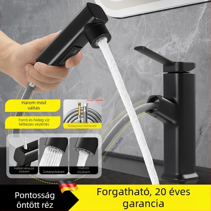 Kihúzható mosdócsaptelep, cinkötvözet test, kerámia korongos szelep, modern minimalista stílus