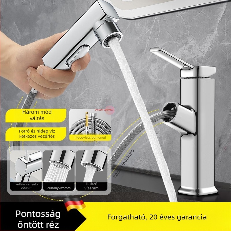 Kihúzható mosdócsaptelep, cinkötvözet test, kerámia korongos szelep, modern minimalista stílus