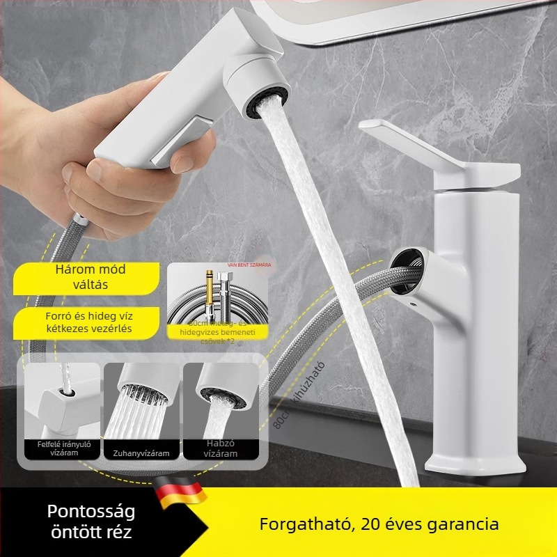 Kihúzható mosdócsaptelep, cinkötvözet test, kerámia korongos szelep, modern minimalista stílus