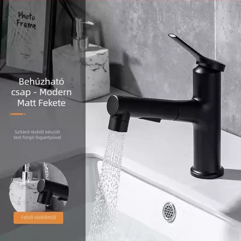 Kihúzható mosdócsaptelep, cinkötvözet test, kerámia korongos szelep, modern minimalista stílus