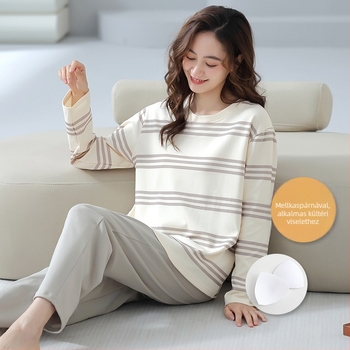 Fiatal nőknek szánt pizsamaszett - poliészterhez hasonló anyag, kerek nyakú felső, hosszú ujjú, hosszú nadrág, kényelmes otthoni viselet, rajzfilmszerű stílus
