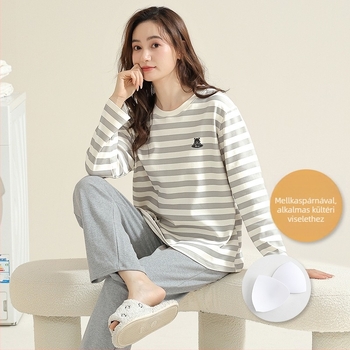 Fiatal nőknek szánt pizsamaszett - poliészterhez hasonló anyag, kerek nyakú felső, hosszú ujjú, hosszú nadrág, kényelmes otthoni viselet, rajzfilmszerű stílus