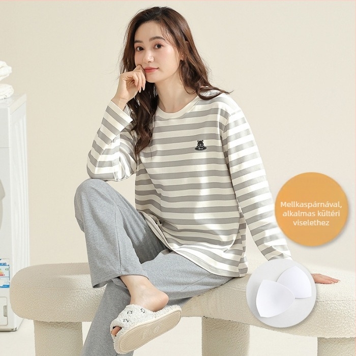 Fiatal nőknek szánt pizsamaszett - poliészterhez hasonló anyag, kerek nyakú felső, hosszú ujjú, hosszú nadrág, kényelmes otthoni viselet, rajzfilmszerű stílus