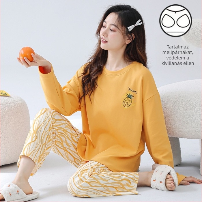 Fiatal nőknek szánt pizsamaszett - poliészterhez hasonló anyag, kerek nyakú felső, hosszú ujjú, hosszú nadrág, kényelmes otthoni viselet, rajzfilmszerű stílus