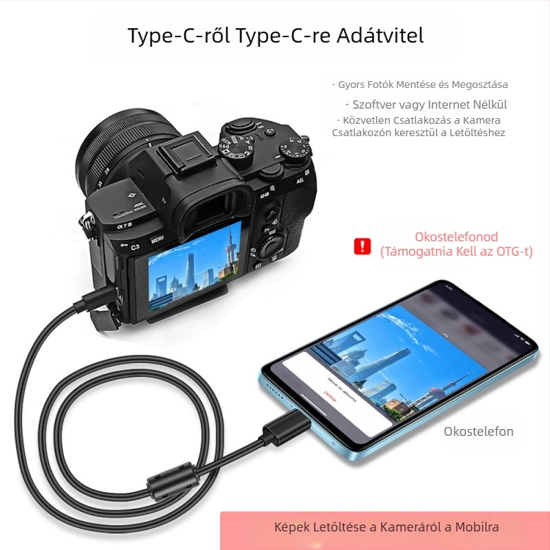 Type-C-től Type-C-ig OTG kábel Sony A7R3/A7M3/A7S3/A7R4/A9 és Nikon D780/Z6 készülékekhez; réz vezető; adapterkábel
