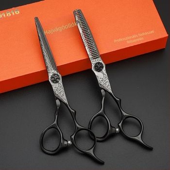 Fodrászolló, fekete, 6.0 penge, egyenes frufruhoz, fogak nélkül, vékonyító olló