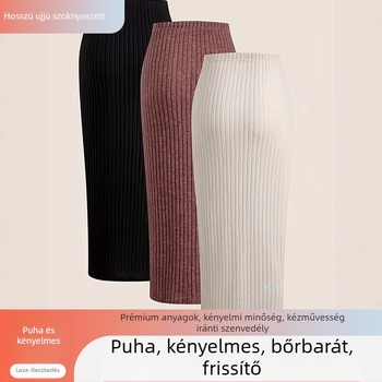 Fél szoknya magas derekú, kötött anyagból, poliészter/spandex, midi hossz, közepes elasztikusság