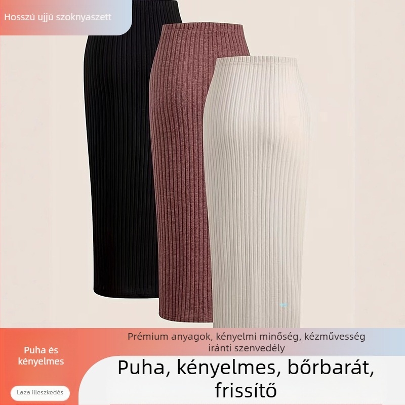 Fél szoknya magas derekú, kötött anyagból, poliészter/spandex, midi hossz, közepes elasztikusság