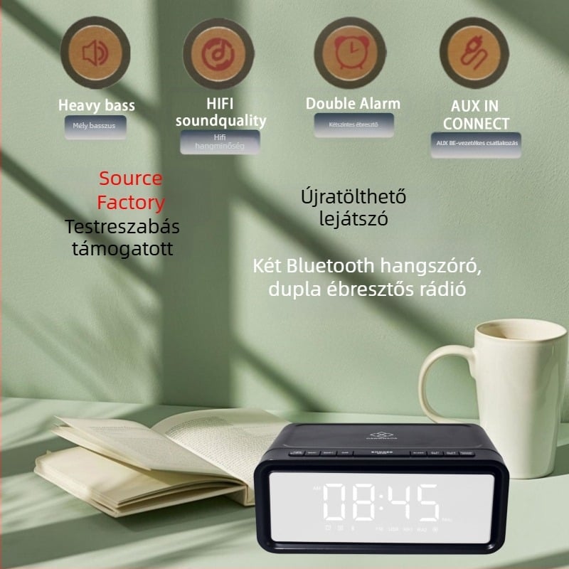 Kettős ébresztős rádió Bluetooth hangszóróval, LED kijelző, USB töltő, vezeték nélküli töltés, Bluetooth 5.3