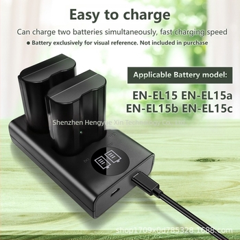 Kéthelyes EN-EL15 akkumulátor töltő Nikon D7000, D7100, D800, D800E, D610 USB-C bemenettel és LED kijelzővel