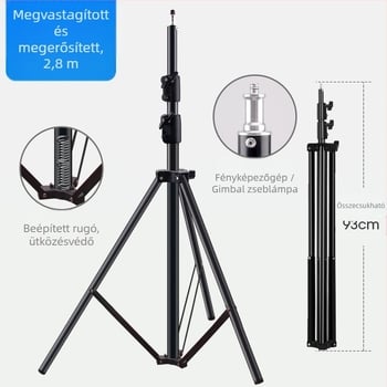 Alumínium fényállvány fotózáshoz, teherbírás 5 kg, magasság 2,8 m, csőátmérő 30 mm, 3 részes, élő közvetítésekhez