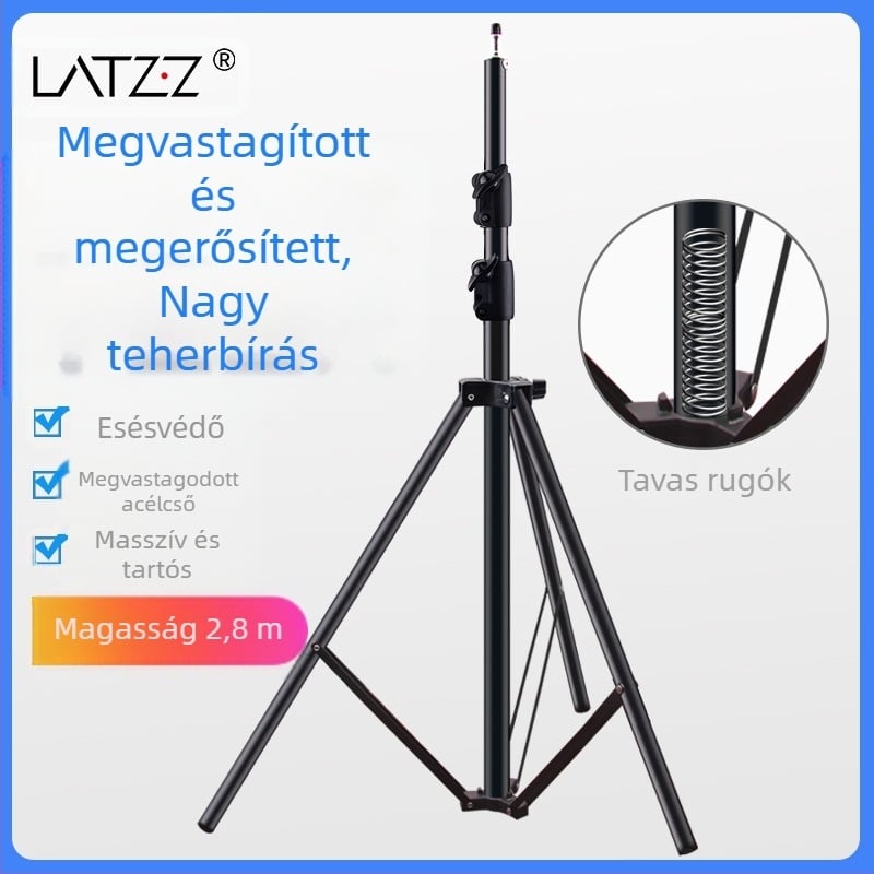 Alumínium fényállvány fotózáshoz, teherbírás 5 kg, magasság 2,8 m, csőátmérő 30 mm, 3 részes, élő közvetítésekhez