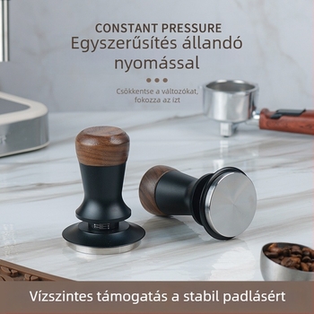 Diófából és rozsdamentes acélból készült pornyomó készlet olasz eszpresszóhoz, lézerrel gravírozott logó, 300 g, papírdobozos csomagolás