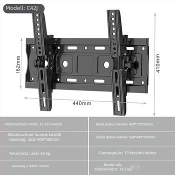 Szilárd falra szerelhető TV-tartó, állítható konzollal, hidegen hengerelt acélból, modell C42J, 1,85 kg