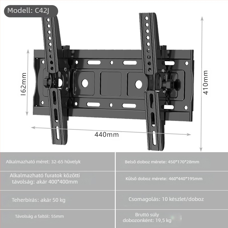 Szilárd falra szerelhető TV-tartó, állítható konzollal, hidegen hengerelt acélból, modell C42J, 1,85 kg