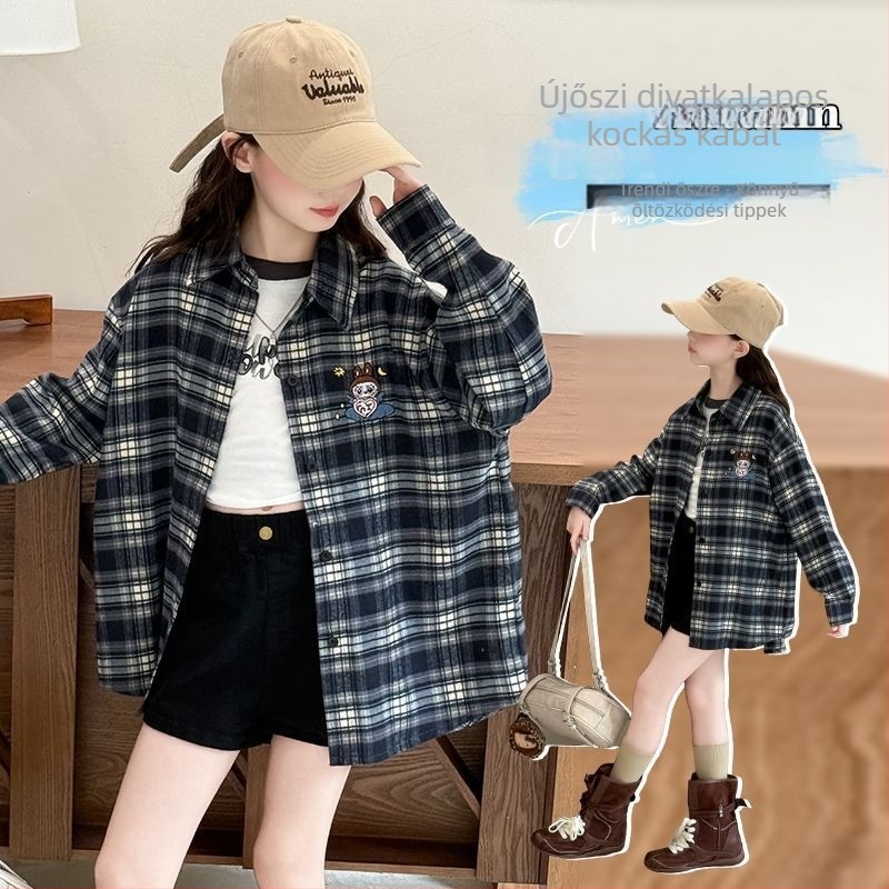 Lányoknak tervezett hosszú ujjú kockásing, nyúl szőrme anyag 80–90%, 2024 tavasz