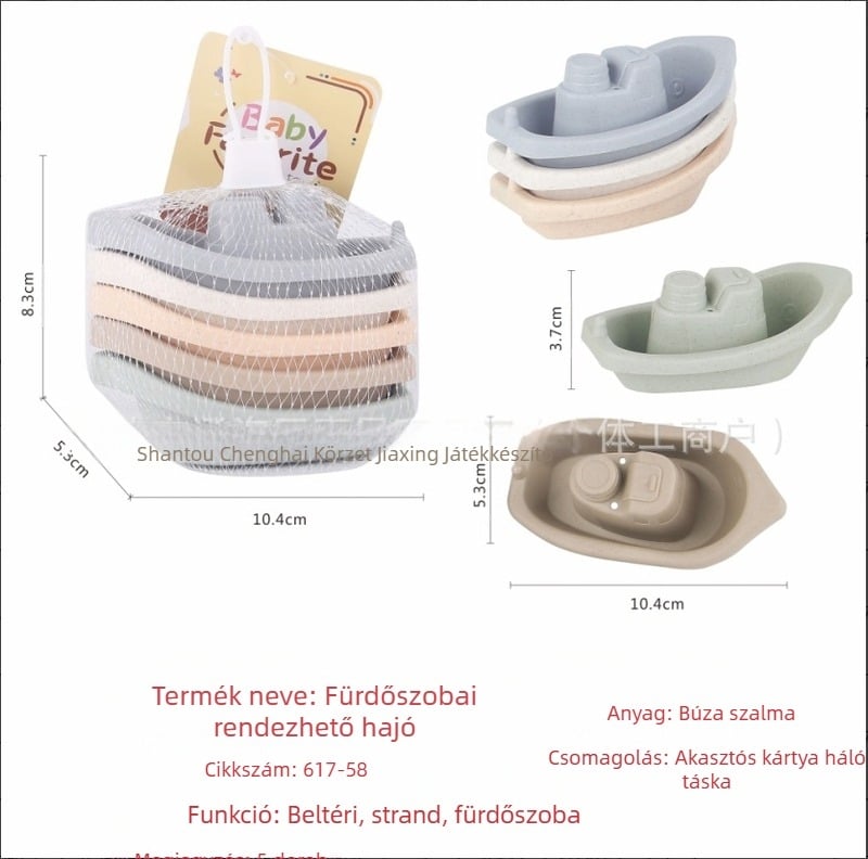 Bevésfürdés és strandjáték: Halmozó hajó játék, műanyag, 0–2 éveseknek, hálós zacskó, modell 617-58