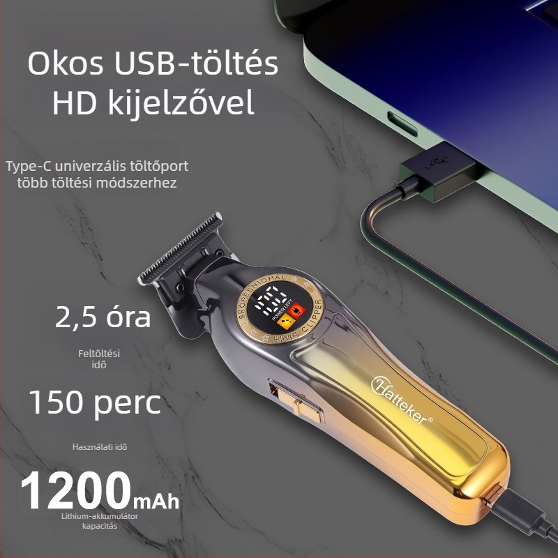 Hajvágó készülék digitális kijelzővel, beépített 1000–1200 mAh akkumulátor, leválasztható és mosható vágófej, rozsdamentes acél vágóél, kefés motor