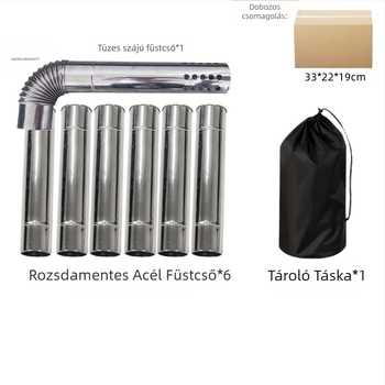 Kemping tűzhely rozsdamentes acélból készült füstcső készlet, 8 részes, hajlított fej – szél- és esőálló, szikrávédett