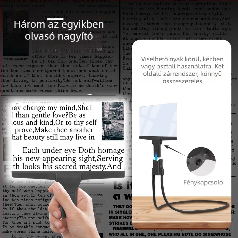 Nyakba akasztható olvasó nagyító időseknek, teljes oldalas nagyítás HD LED világítással, 3 az 1-ben: nyakban/kézben/asztalon