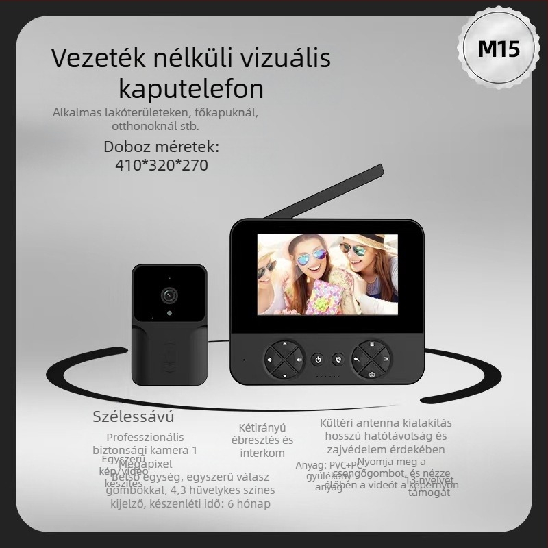 Video ajtócsengő kamerával és éjjellátással, beltéri használatra, modell M15, 110–220V-es áramellátás, különféle csengőhangok.