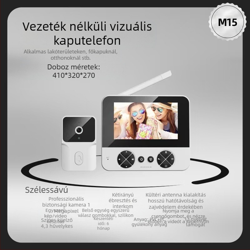 Video ajtócsengő kamerával és éjjellátással, beltéri használatra, modell M15, 110–220V-es áramellátás, különféle csengőhangok.