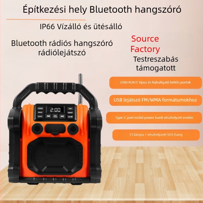 IPX6 vízálló Bluetooth hangszóró rádióval és LED fénnyel, Bluetooth 5.1, beépített akkumulátor 2000-4000 mAh, frekvenciaválasz 40 Hz-20 kHz, hatótávolság >10 m