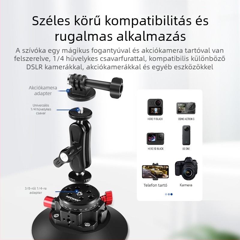 Neewer Alumínium Ötvözet Szívófejes Gimbálfej Kamera/Telefon/GoPro-hoz — Erős Szívóhatás, Stabil Autós Tartó