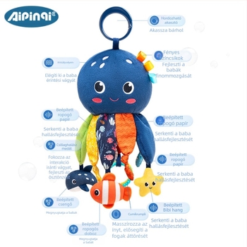 Aipinqi Csecsemő Púpos Játék – Többfunkciós Autós Akasztó, Tengeri Óctopusz Design, Rágó és Recsegő Papír, Kampó