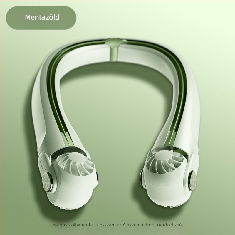 Hordozható nyakpántos ventilátor, összecsukható, USB újratölthető, cserélhető akkumulátor 300–500 mAh, 3 sebesség, vezeték nélküli töltés