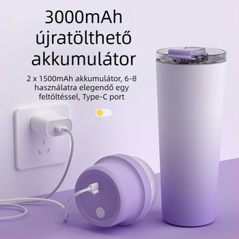 Hőszigetelt gyümölcslé készítő pohár beépített akkumulátorral, 60W, kapacitás 601–800 ml, 22 001 RPM fölött