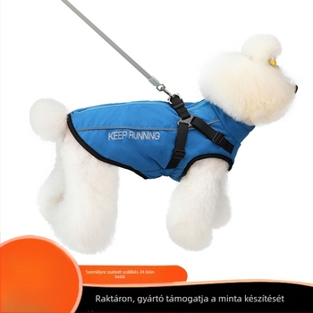 Poliészterből készült kutya kabát fleece béléssel, nyomtatott mintával, fényvisszaverő csíkkal és cipzárral.