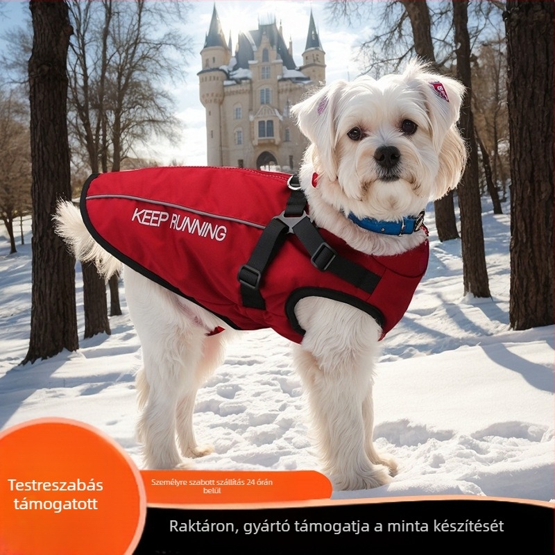 Poliészterből készült kutya kabát fleece béléssel, nyomtatott mintával, fényvisszaverő csíkkal és cipzárral.