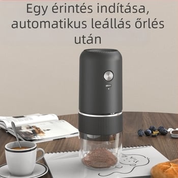 Otthoni használatra szánt elektromos kávédaráló, kompakt, újratölthető, műanyag ház, tömege körülbelül 0,5 kg