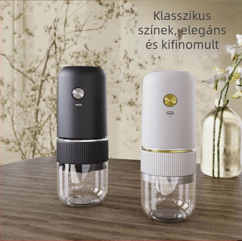 Otthoni használatra szánt elektromos kávédaráló, kompakt, újratölthető, műanyag ház, tömege körülbelül 0,5 kg