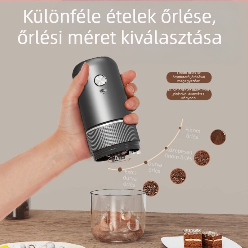 Otthoni használatra szánt elektromos kávédaráló, kompakt, újratölthető, műanyag ház, tömege körülbelül 0,5 kg