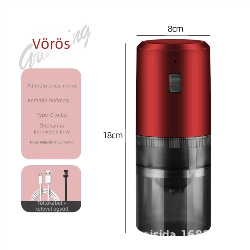 Otthoni használatra szánt elektromos kávédaráló, kompakt, újratölthető, műanyag ház, tömege körülbelül 0,5 kg