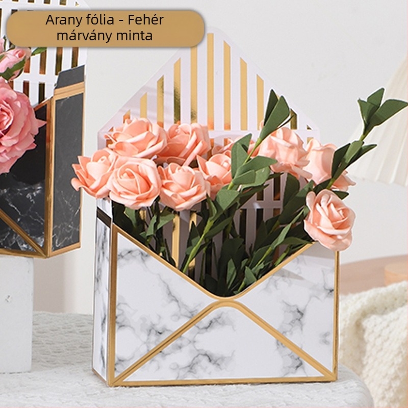 Boríték virágdoboz – kézzel készített, modell hot stamping envelope flower box, 600 g fehér kartonból, 12 darabos csomag, márka Qianxi packaging.