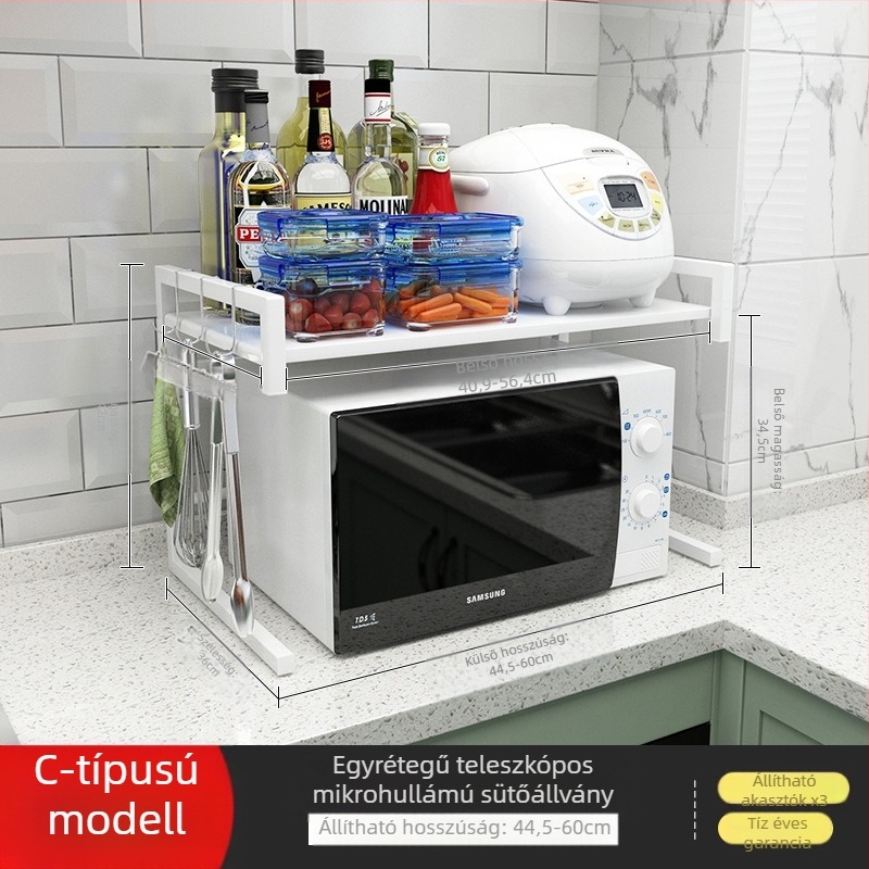 Kinyúló konyhai mikrohullámú sütő tárolóállvány – kétszintes, vastagított, szénacélból, Hongshun, többfunkciós